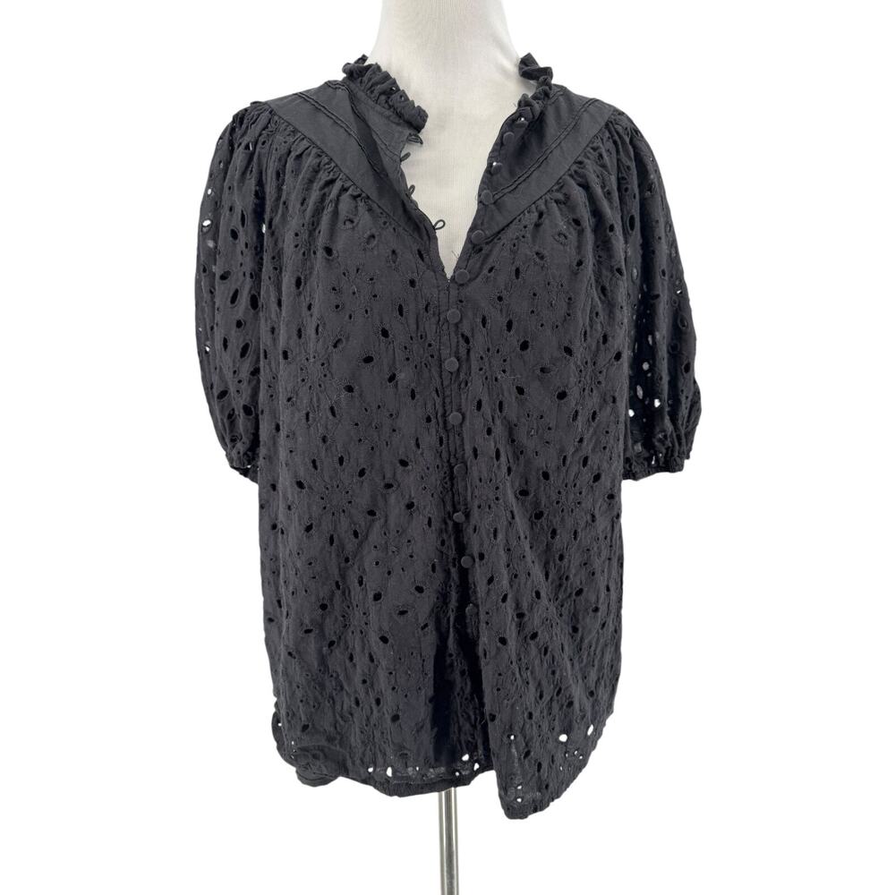 Pretty Garden Women's Black Short Sleeve Eyelet Blouse Size Large